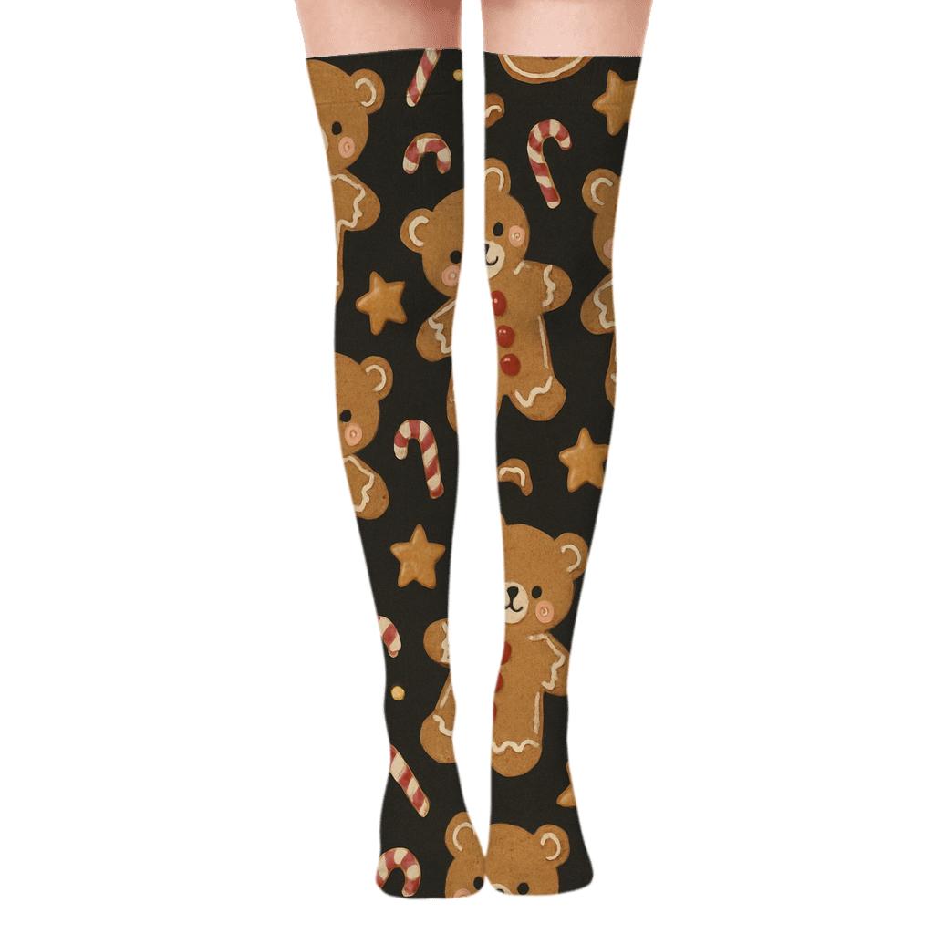 Gingerbread Bear Stamp Scatter On Charcoal personalized over-the-knee socks