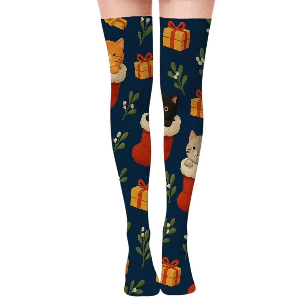 Holiday Cats In Stockings Scatter Repeat custom over-the-knee socks