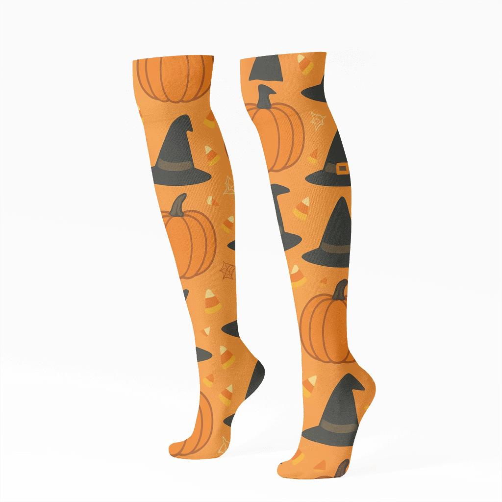 Witch Hat And Pumpkin Polka Repeat On Orange Background personalized knee-high socks
