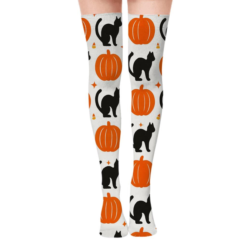 Black Cat And Pumpkin Alternating Tiles On White Background comfortable cotton over-the-knee socks