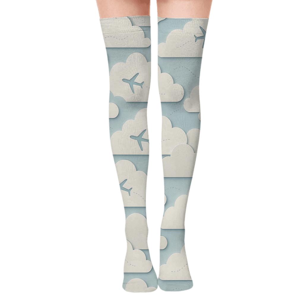 Airplane Paper Cut Cloud Tessellation designer print over-the-knee socks