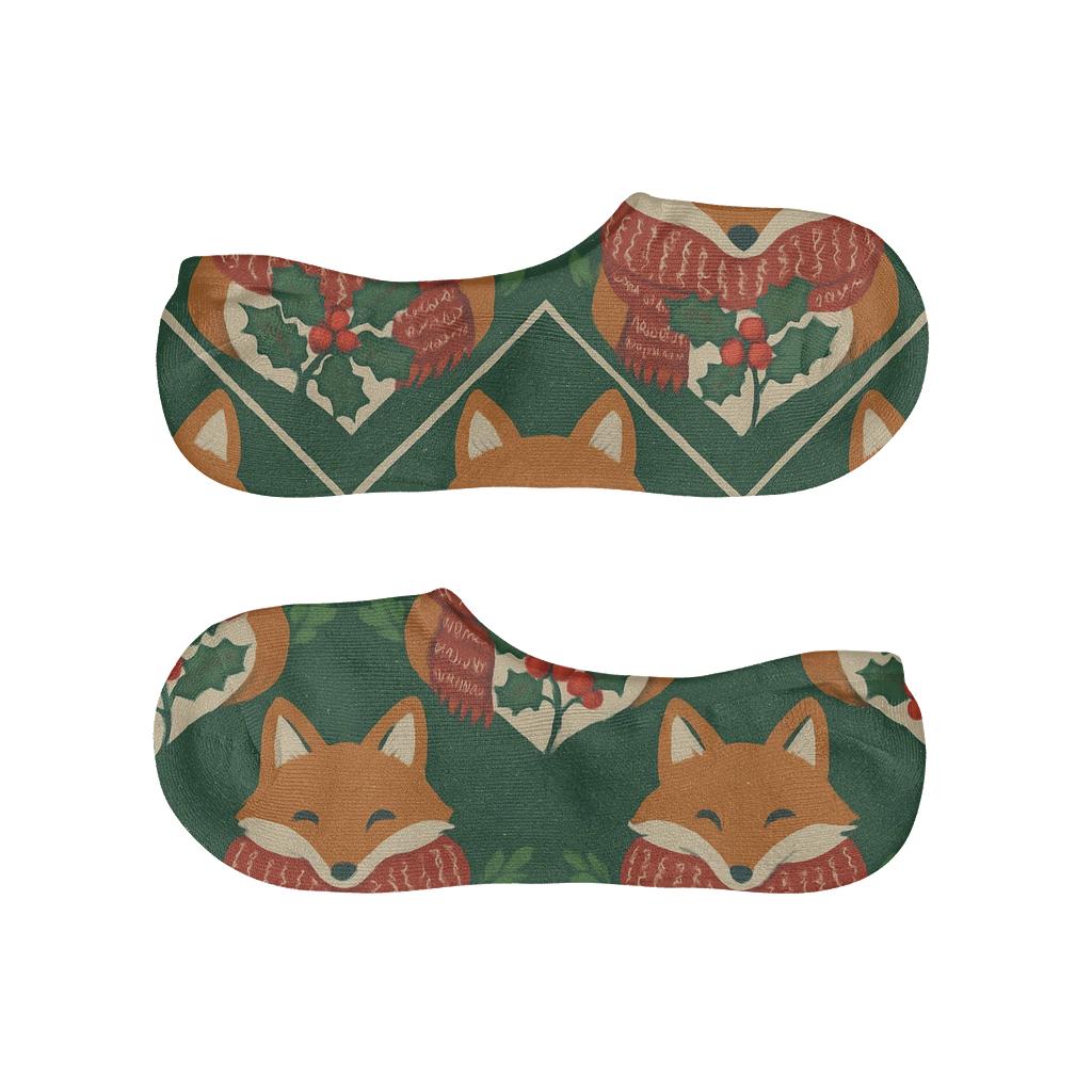 Holly Scarf Foxes Diamond Knit On Forest Green Background low cut no-show socks