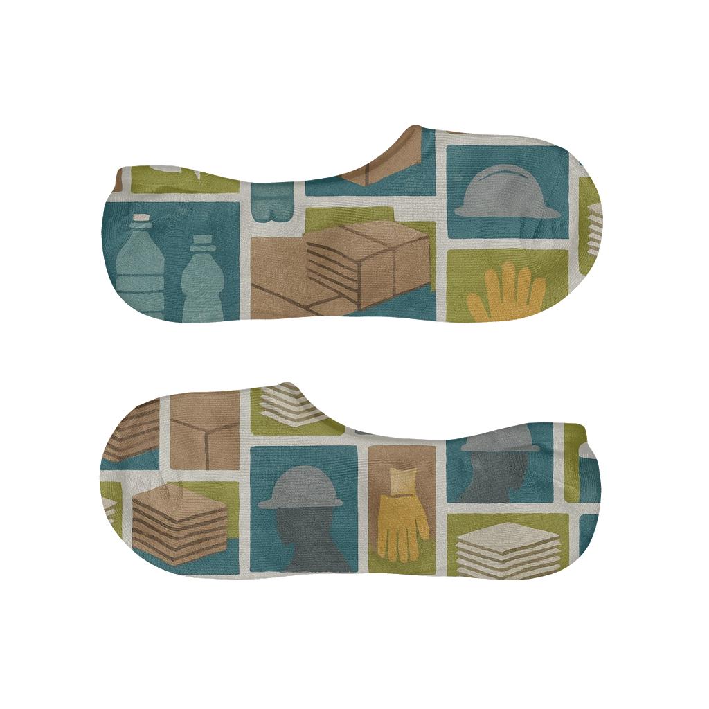 Industrial Collage Grid, Recycling Plant Worker Edition designer print no-show socks