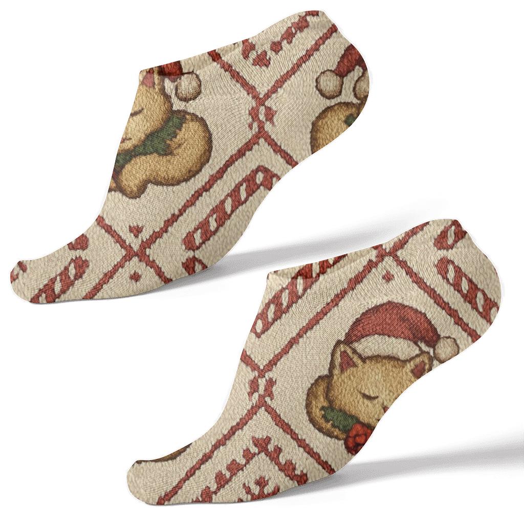 Knitted Christmas Cat Mittens Lattice On Cream Background designer print ankle socks