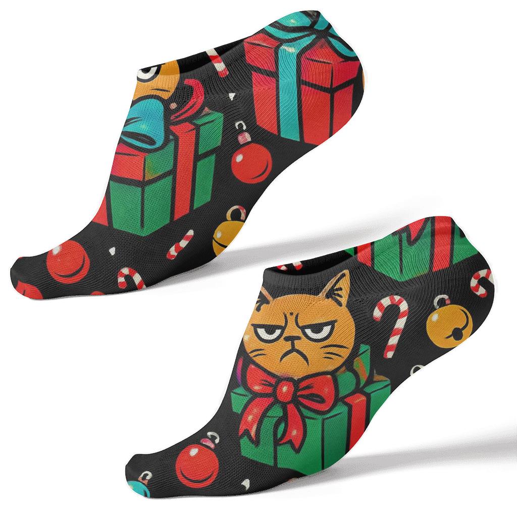 Pop Art Christmas Cat Chaos Collage On Black Background unique graphic ankle socks
