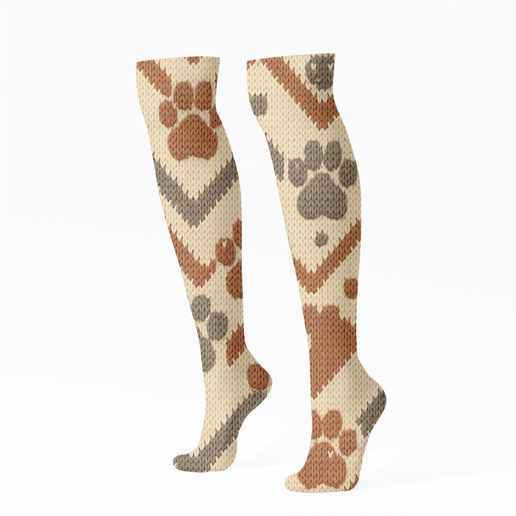 Knitted Cat Paw Chevron On Warm Cream Ground soft everyday knee-high socks