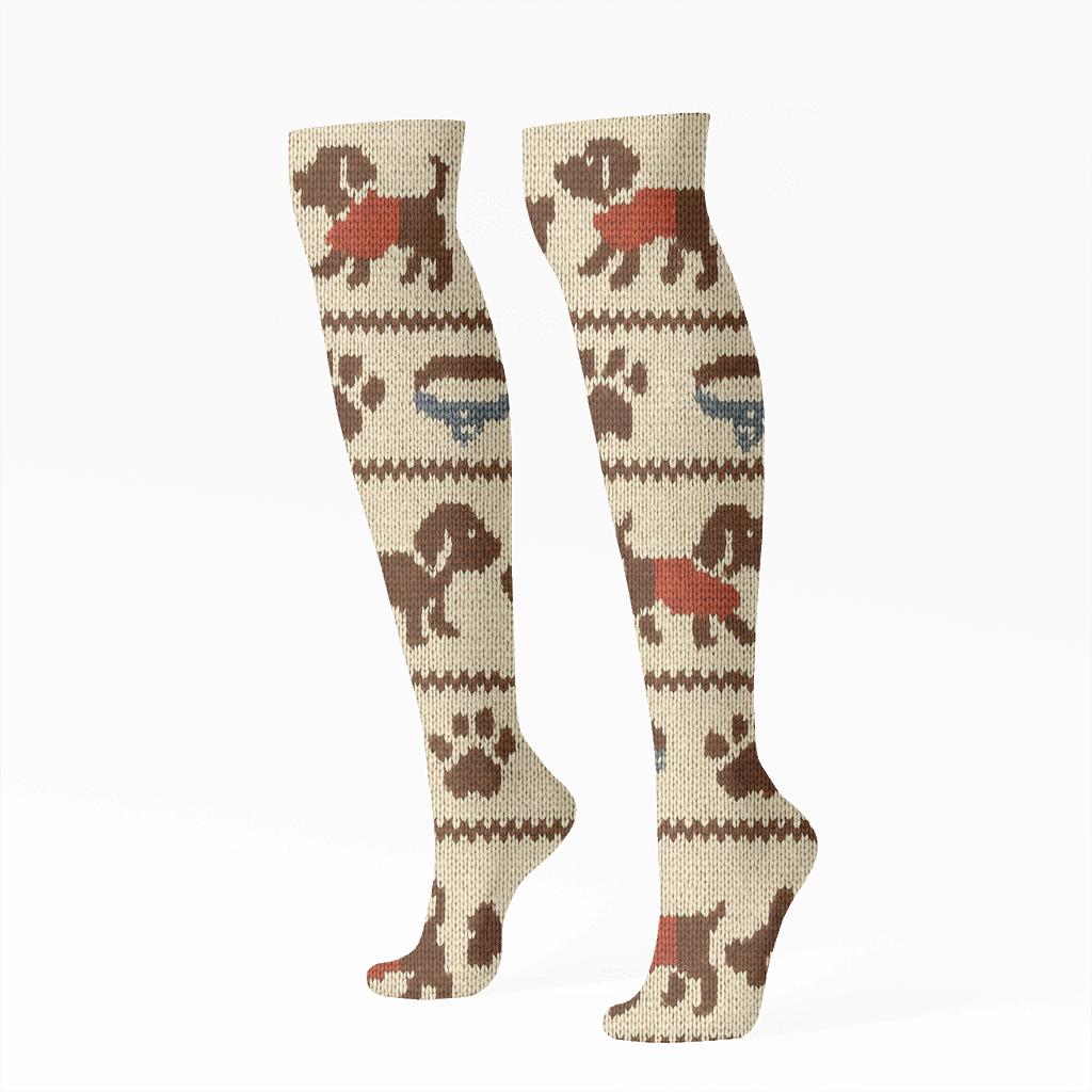 Knitted Fair Isle Dog Parade trendy patterned knee-high socks