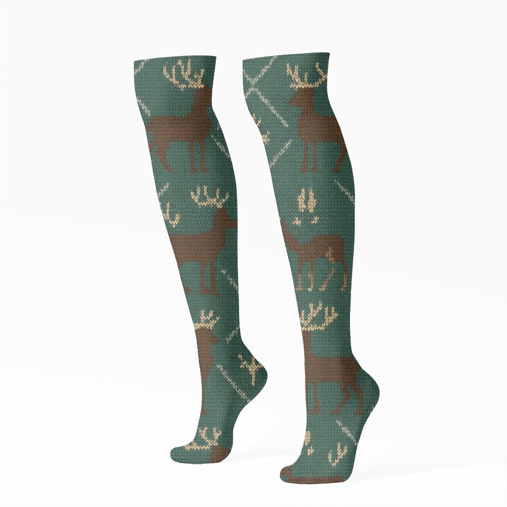 Knitted Winter Deer Tiling On Forest Green stylish athletic knee-high socks