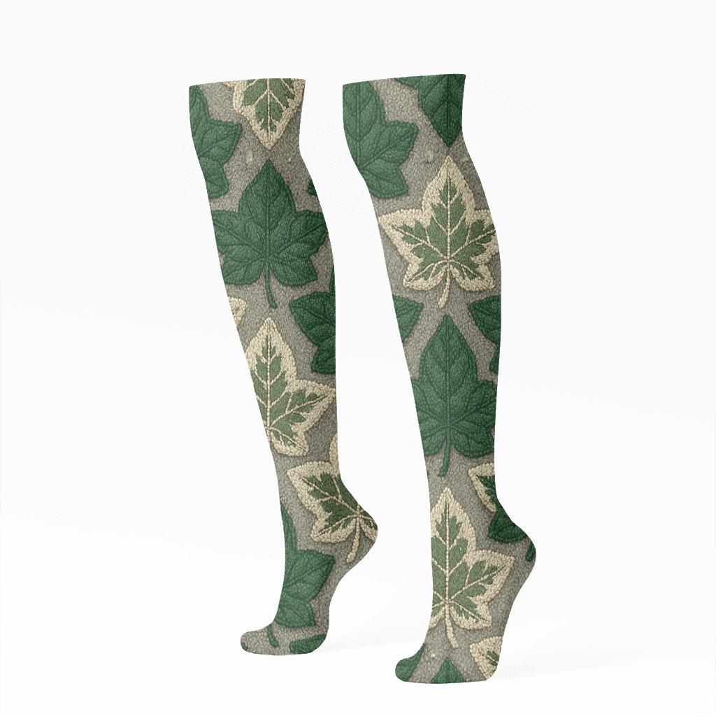 Variegated Ivy Leaf Tile Quilt On Stone Gray unique graphic knee-high socks