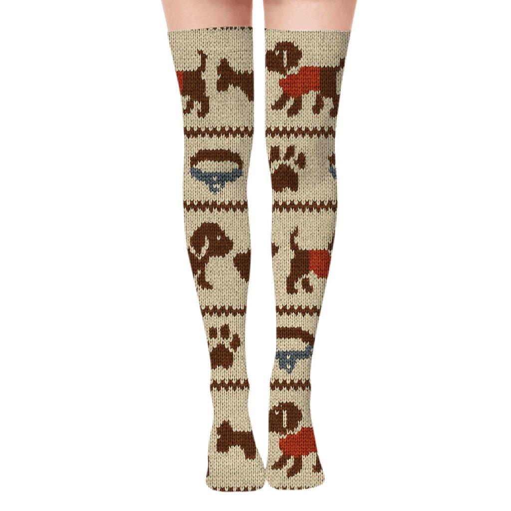 Knitted Fair Isle Dog Parade premium cozy over-the-knee socks