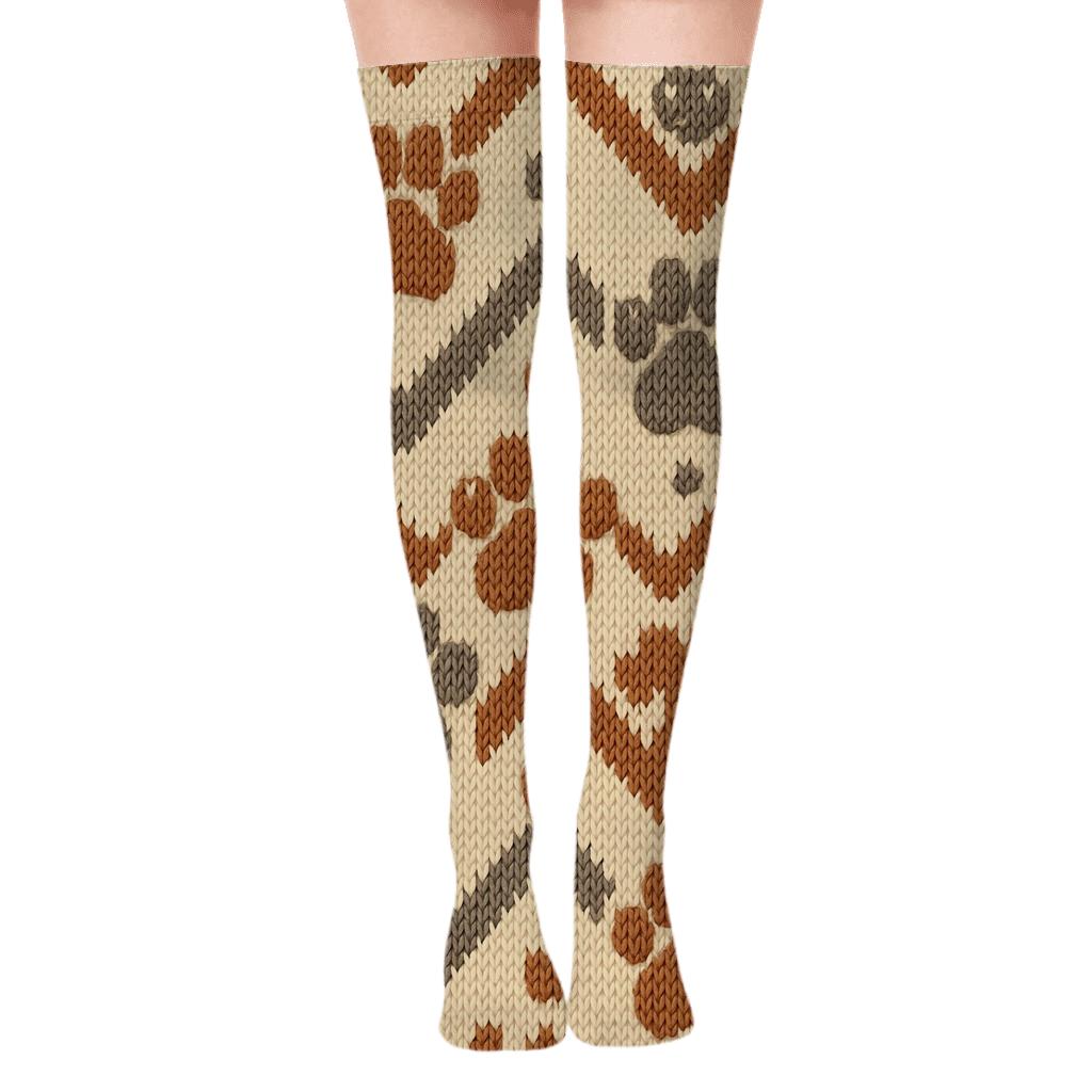 Knitted Cat Paw Chevron On Warm Cream Ground designer print over-the-knee socks