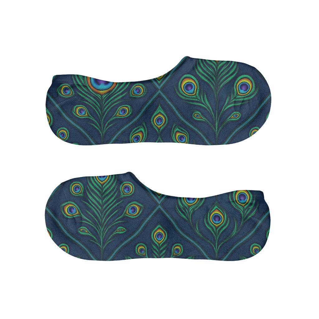Peacock Tail Eye Lattice On Navy Blue Background low cut no-show socks
