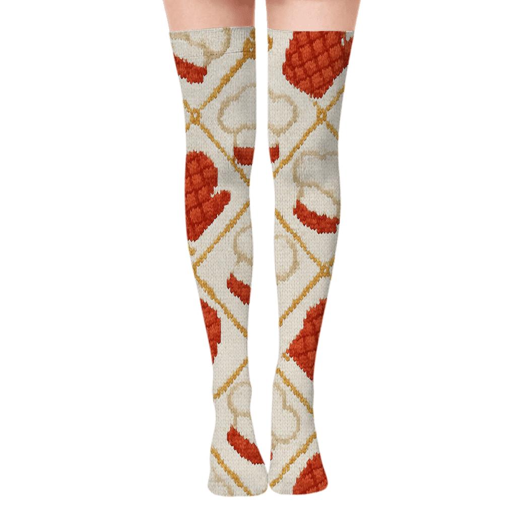 Knitted Chef Hat Lattice In Tomato Red comfortable cotton over-the-knee socks