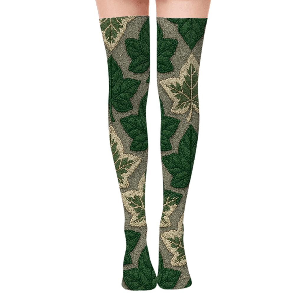 Variegated Ivy Leaf Tile Quilt On Stone Gray stylish fashion over-the-knee socks