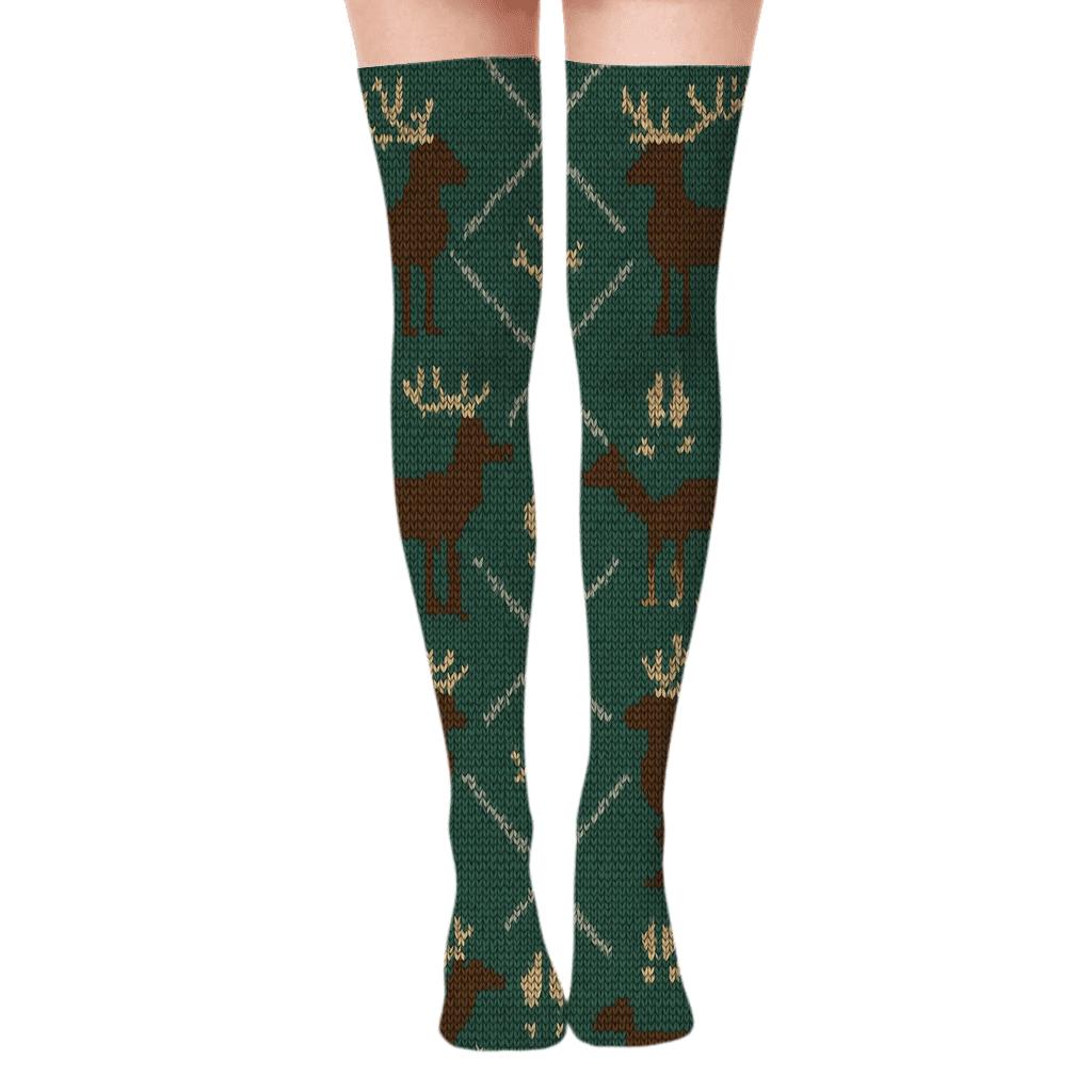 Knitted Winter Deer Tiling On Forest Green trendy patterned over-the-knee socks