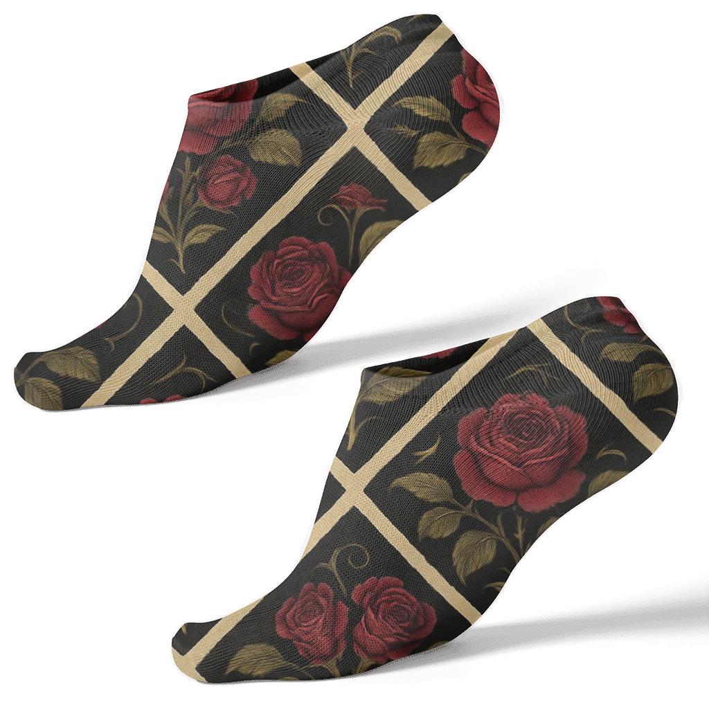 Valentines Rose Mirrored Botanical Tile On Black premium sports ankle socks