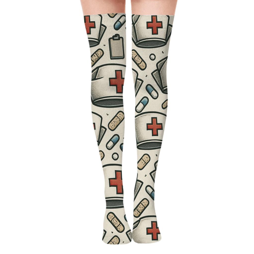 Vintage Clinic Poster Nurse Cap Tessellation trendy patterned over-the-knee socks