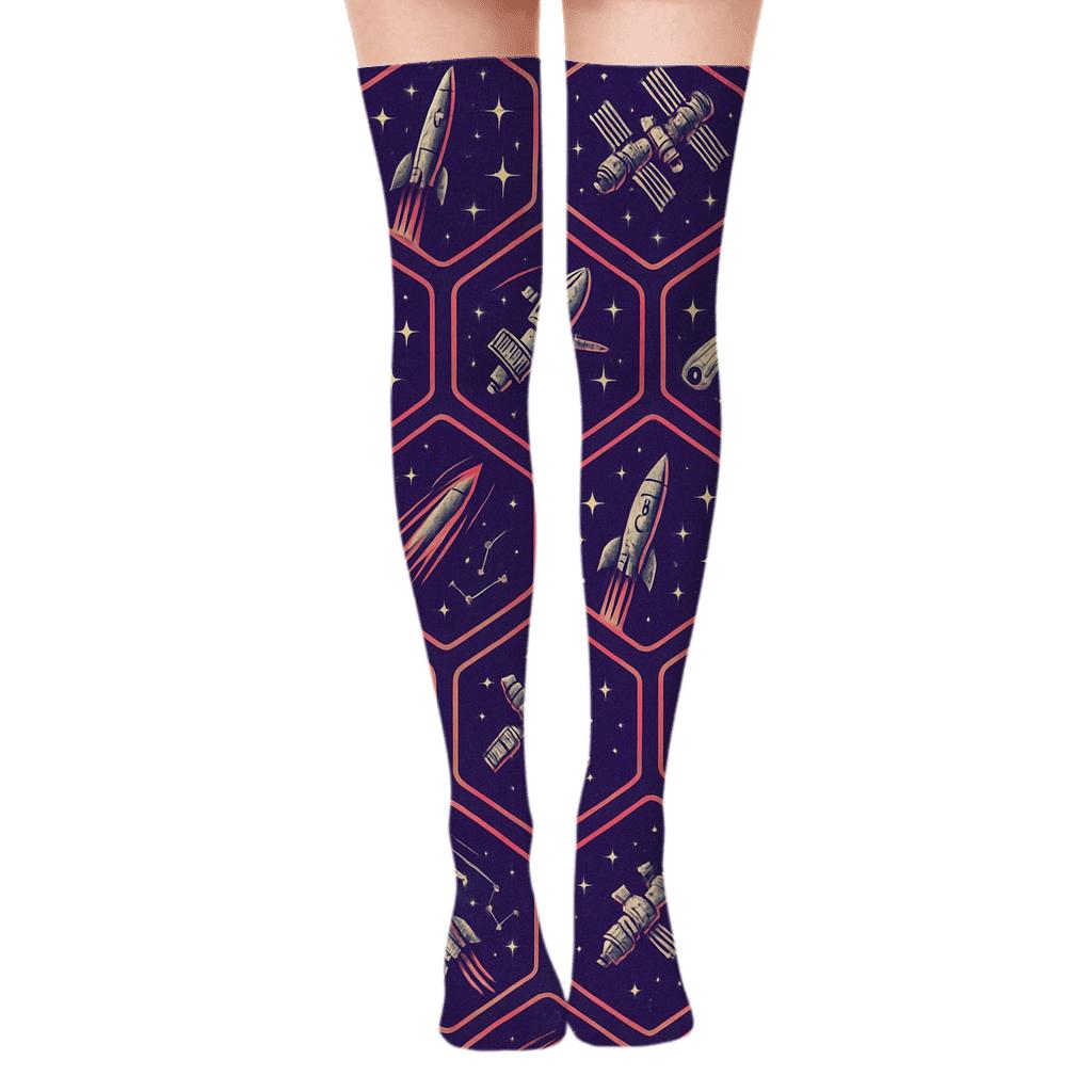 Retro Mission Patch Rocket Tessellation On Cosmic Purple soft everyday over-the-knee socks