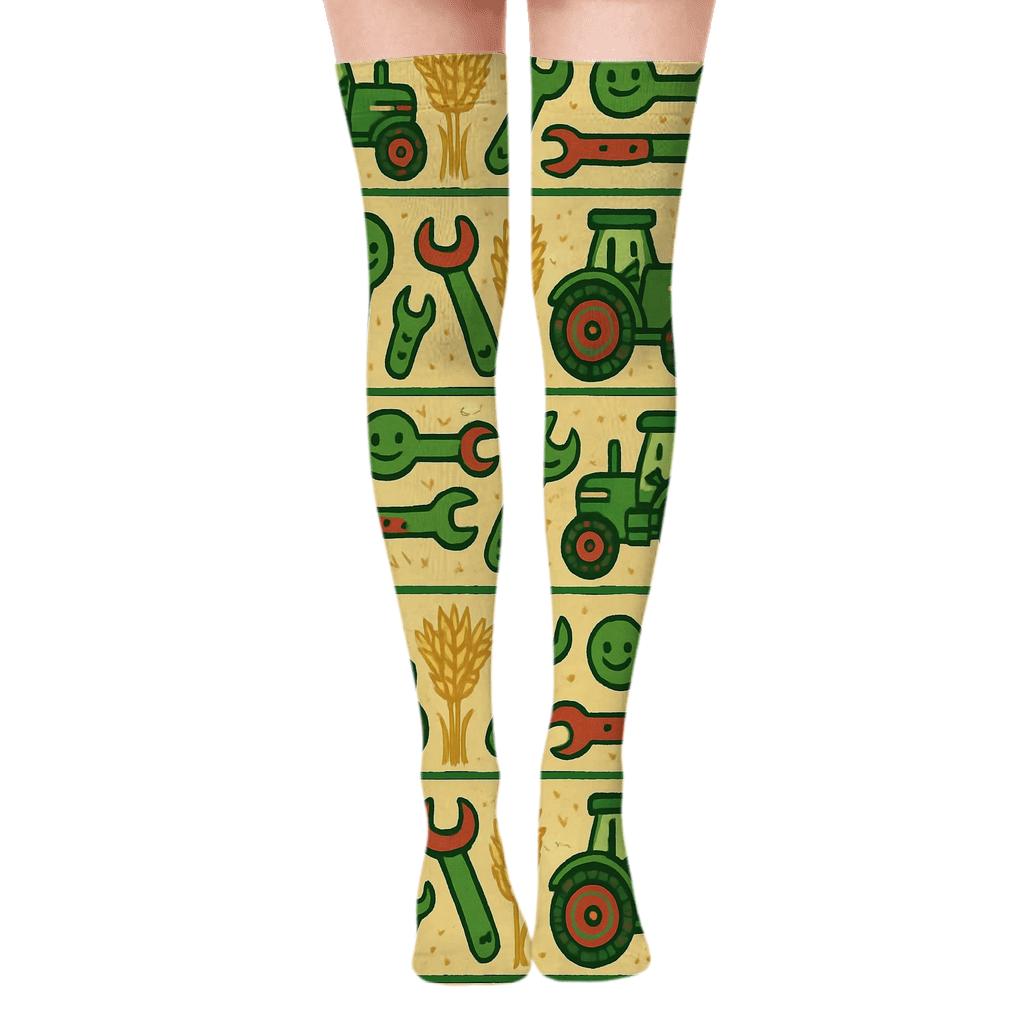 Patchwork Fields With Farmer Motif Bands custom over-the-knee socks