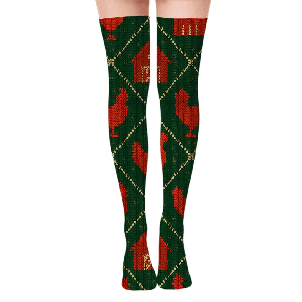 Farmer-Crafted Barn And Animal Tessellation unique graphic over-the-knee socks