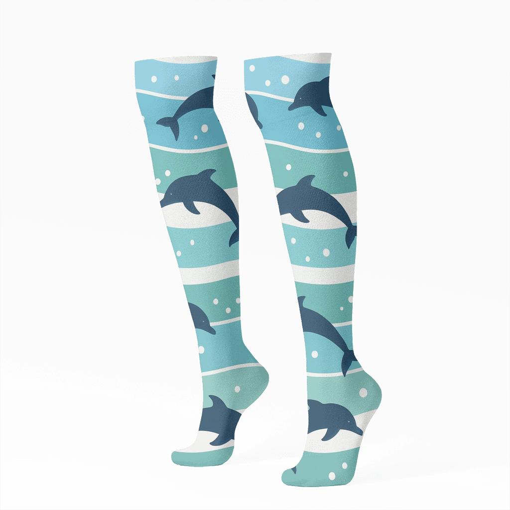 Ocean Bands With Dolphin Silhouette Cadence trendy patterned knee-high socks