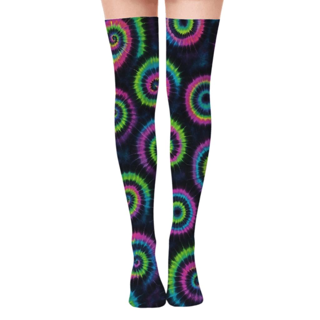 Neon Spiral Whorl Tile Grid On Black Background trendy patterned over-the-knee socks