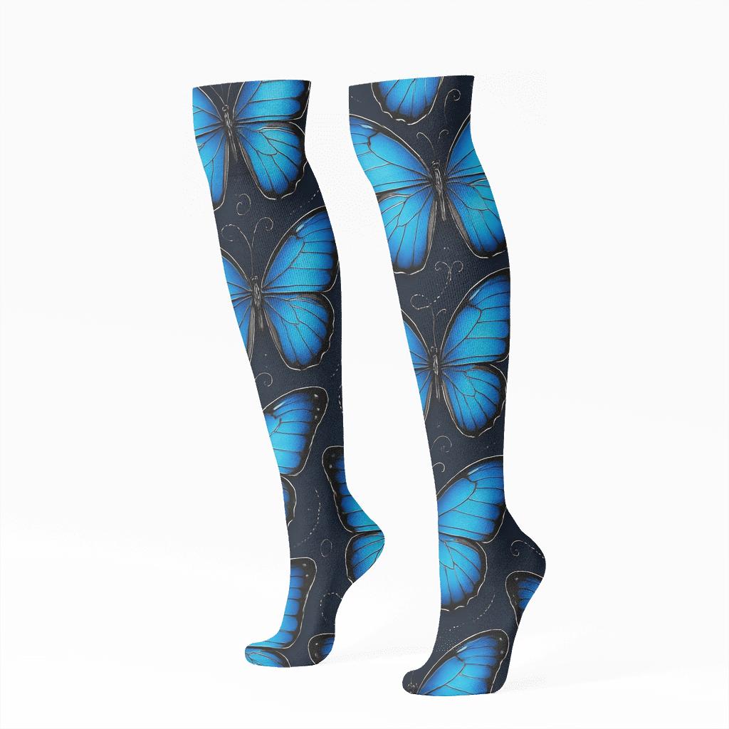 Iridescent Morpho Wing Vein Lattice On Midnight Navy Background premium sports knee-high socks