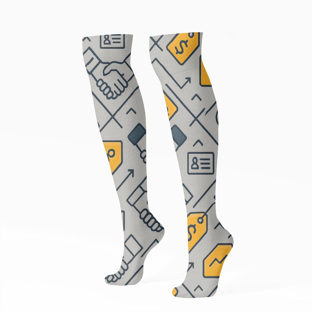 Modern Lattice Of Salesperson Handshakes And Deal Tags unique graphic knee-high socks