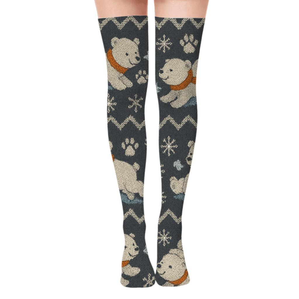 Knitted Illusion Snow Party, Playful Polar Bear Cubs comfortable cotton over-the-knee socks