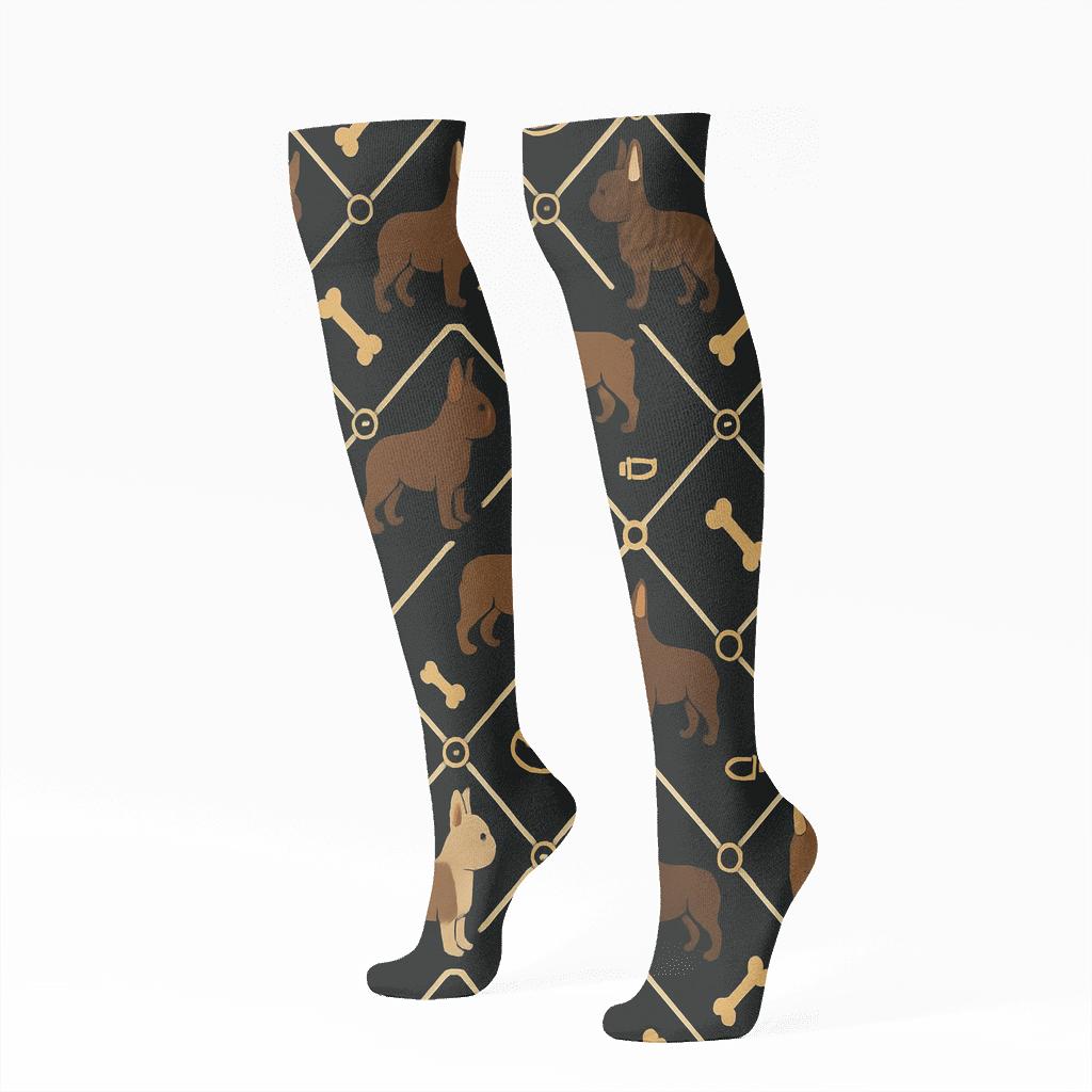 Midnight Bone Lattice With Brindle French Bulldogs unique graphic knee-high socks