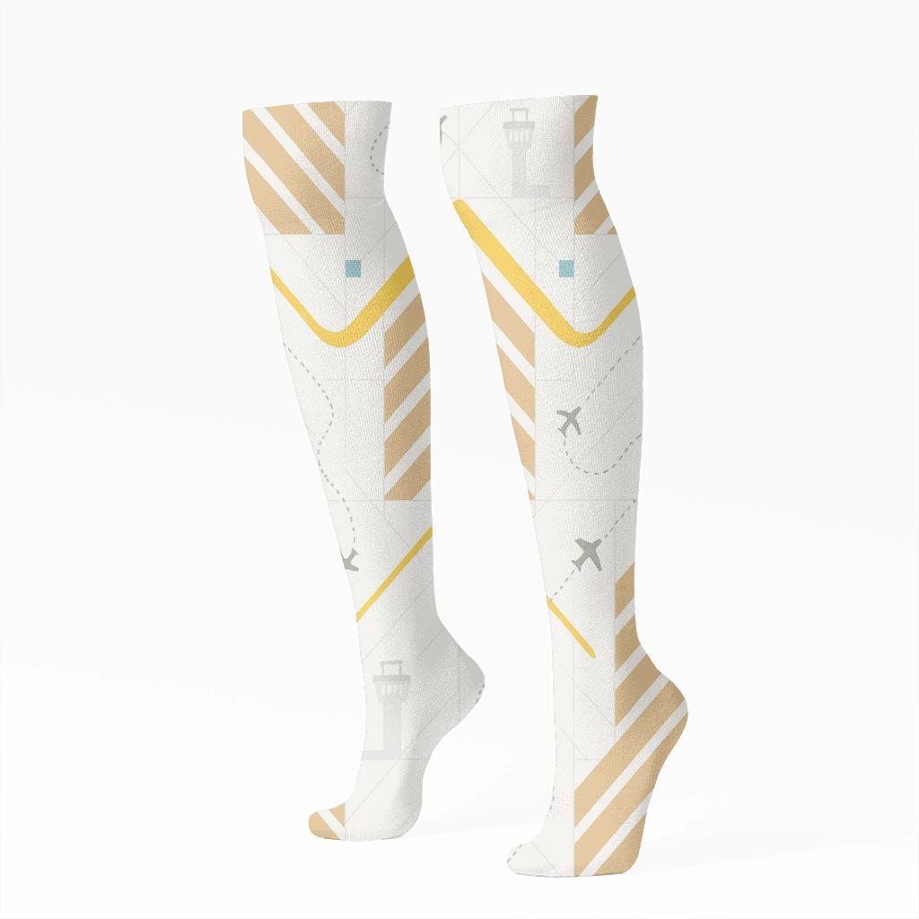 Runway Chevrons And Control Towers With Air Traffic Controller Motifs unique graphic knee-high socks