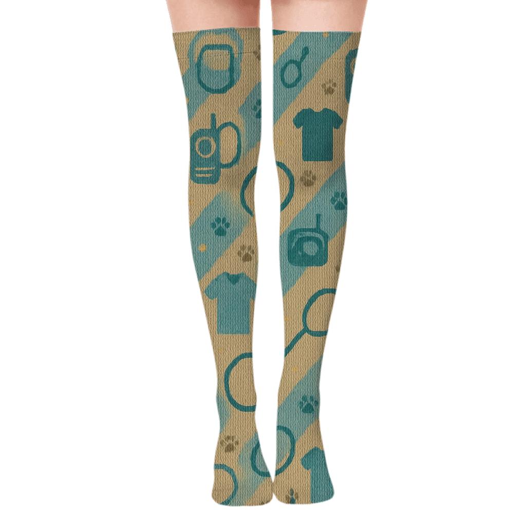 Paw Tracks And Animal Control Officer Uniform Stripes Pattern unique graphic over-the-knee socks