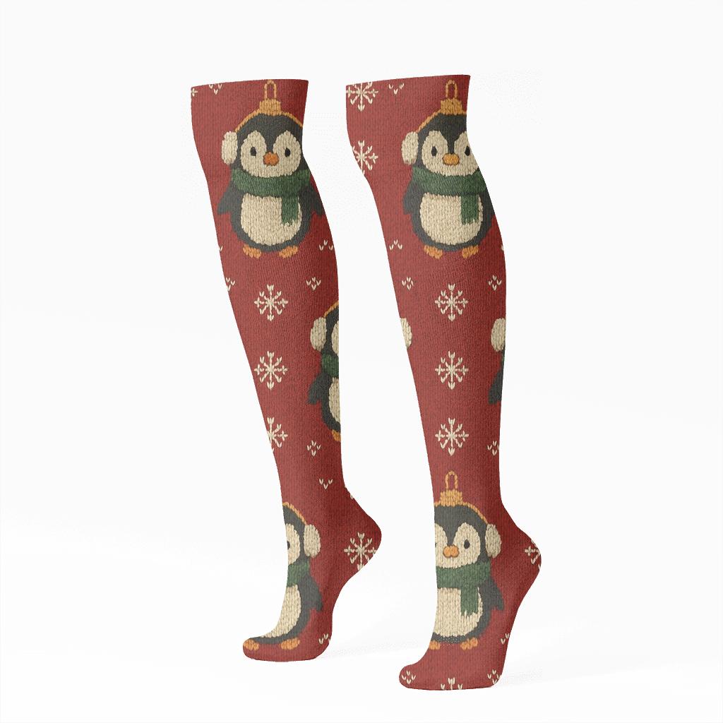 Knitted Penguin Ornament Rows On Red Background designer print knee-high socks