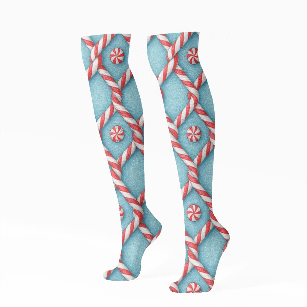 Icy Blue Candy Canes Lattice Weave custom knee-high socks