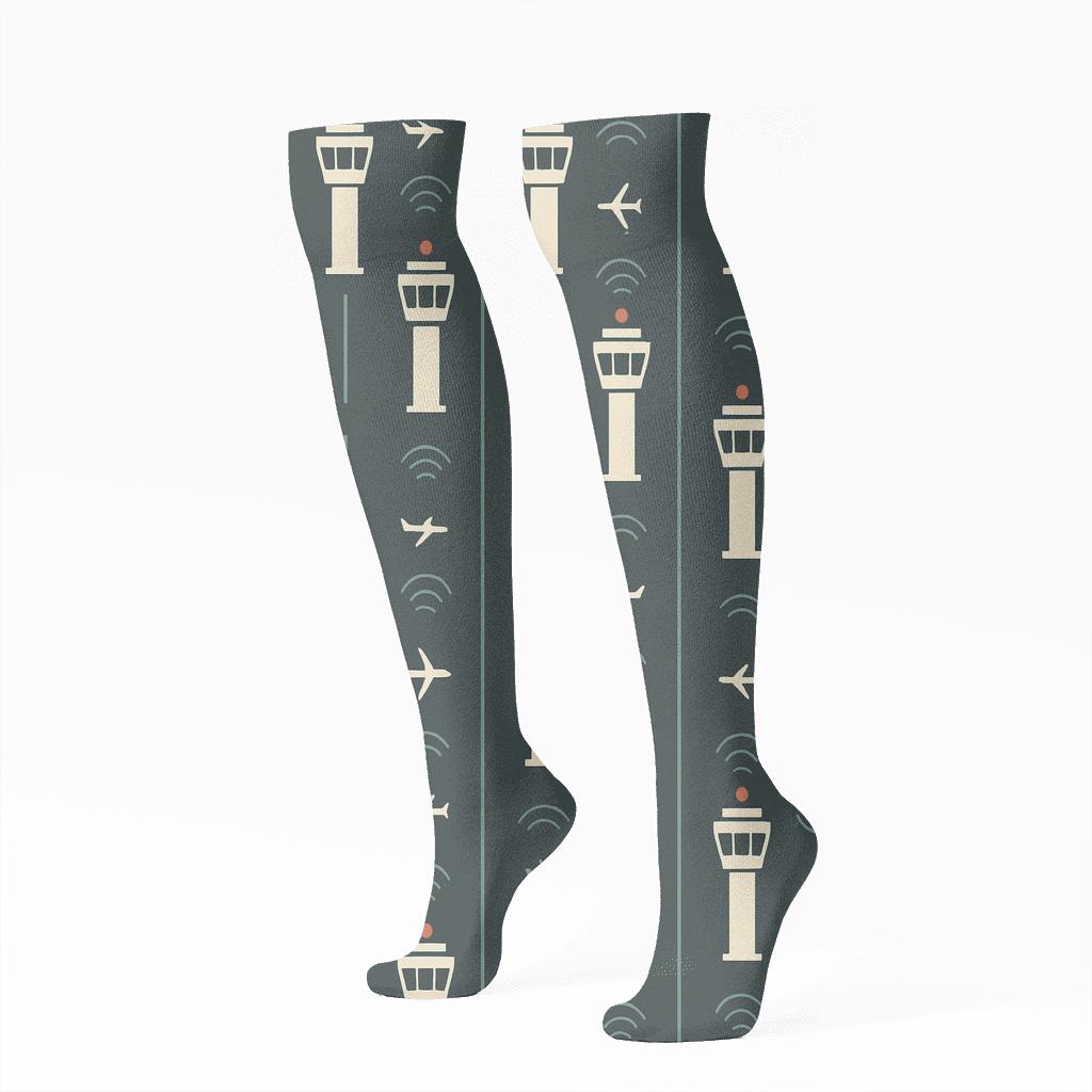 Airplane Control Tower Stripe Repeat stylish athletic knee-high socks