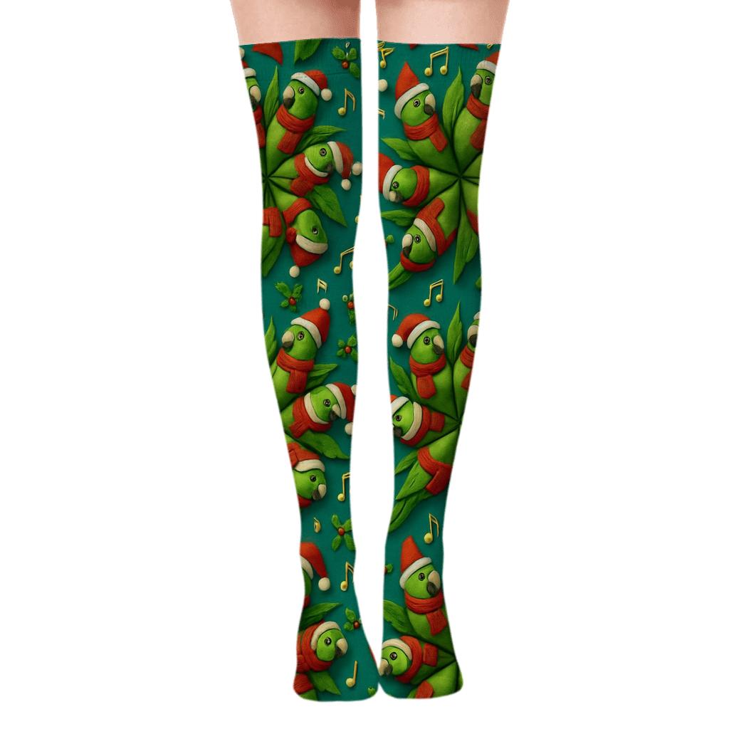 Parrot Carolers Starburst Tiles On Teal Background custom over-the-knee socks