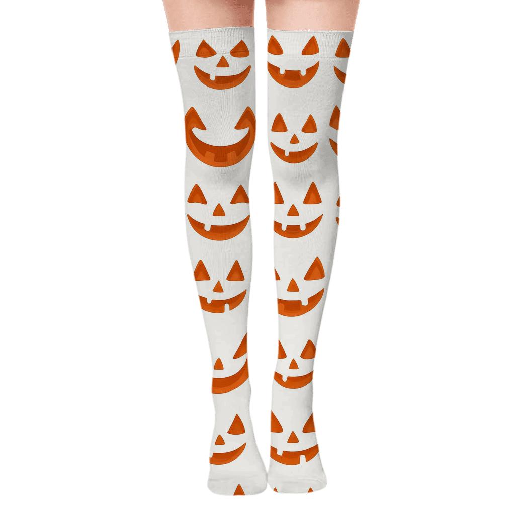 Jack O Lantern Smile Stripe Rhythm On White Background designer print over-the-knee socks