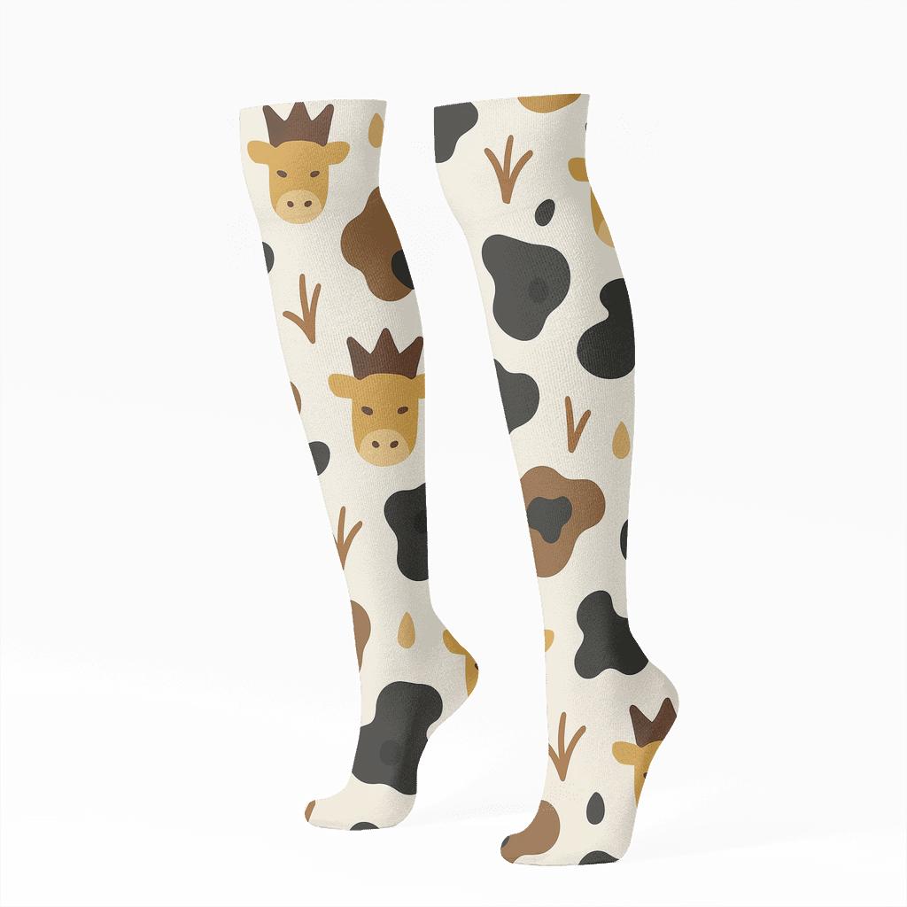 Cow Crown Scatter In Cream unique graphic knee-high socks