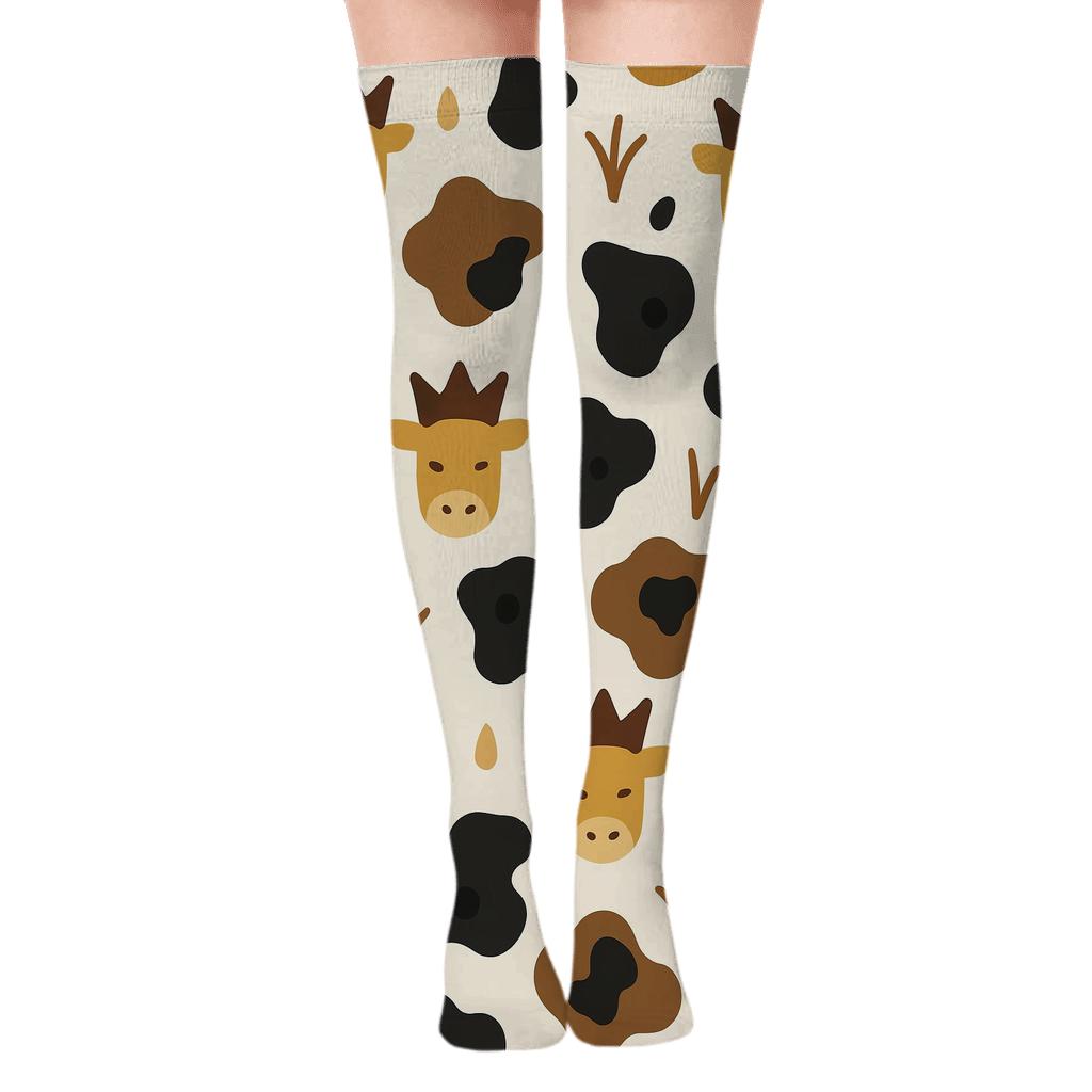 Cow Crown Scatter In Cream custom over-the-knee socks