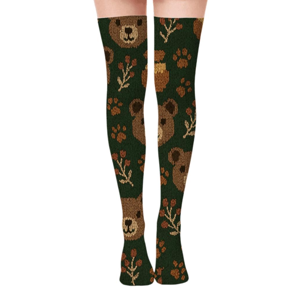 Knitted Honeycomb Bear Rhythm On Forest Green unique graphic over-the-knee socks