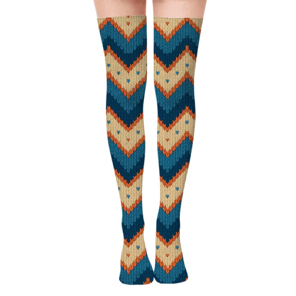 Knitted Illusion Fish Scale Chevron premium cozy over-the-knee socks