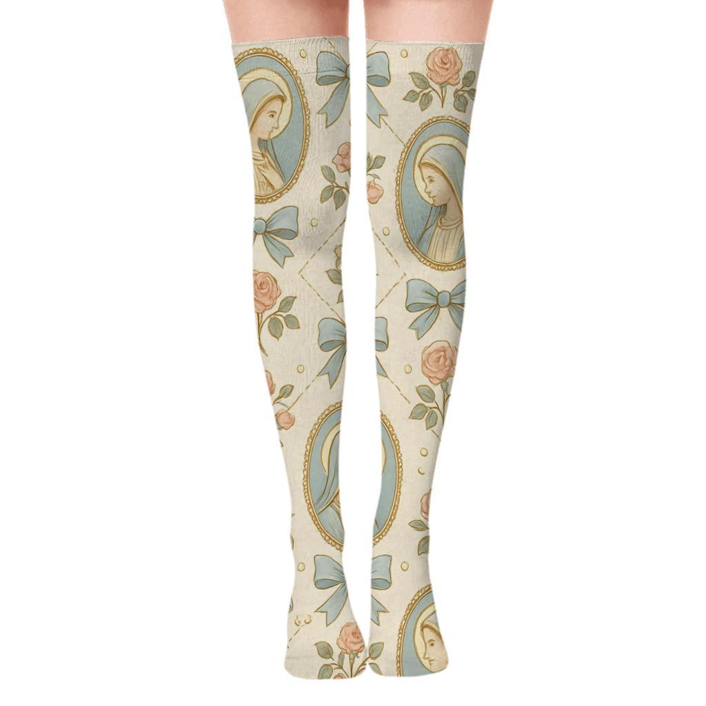 Cameo Lattice With Mary Portraits comfortable cotton over-the-knee socks
