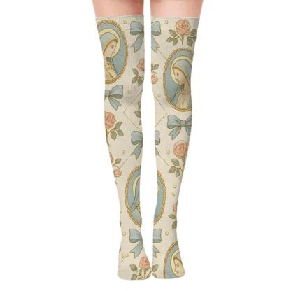 Cameo Lattice With Mary Portraits comfortable cotton over-the-knee socks