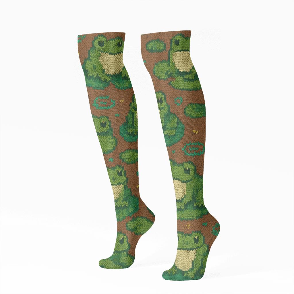 Knitted Pond Rhythm Frog Pattern designer print knee-high socks