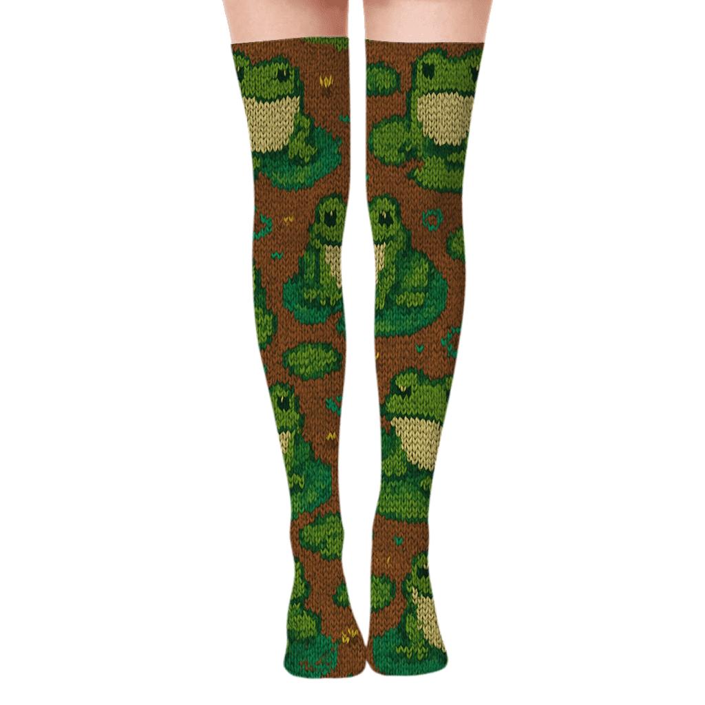 Knitted Pond Rhythm Frog Pattern unique graphic over-the-knee socks