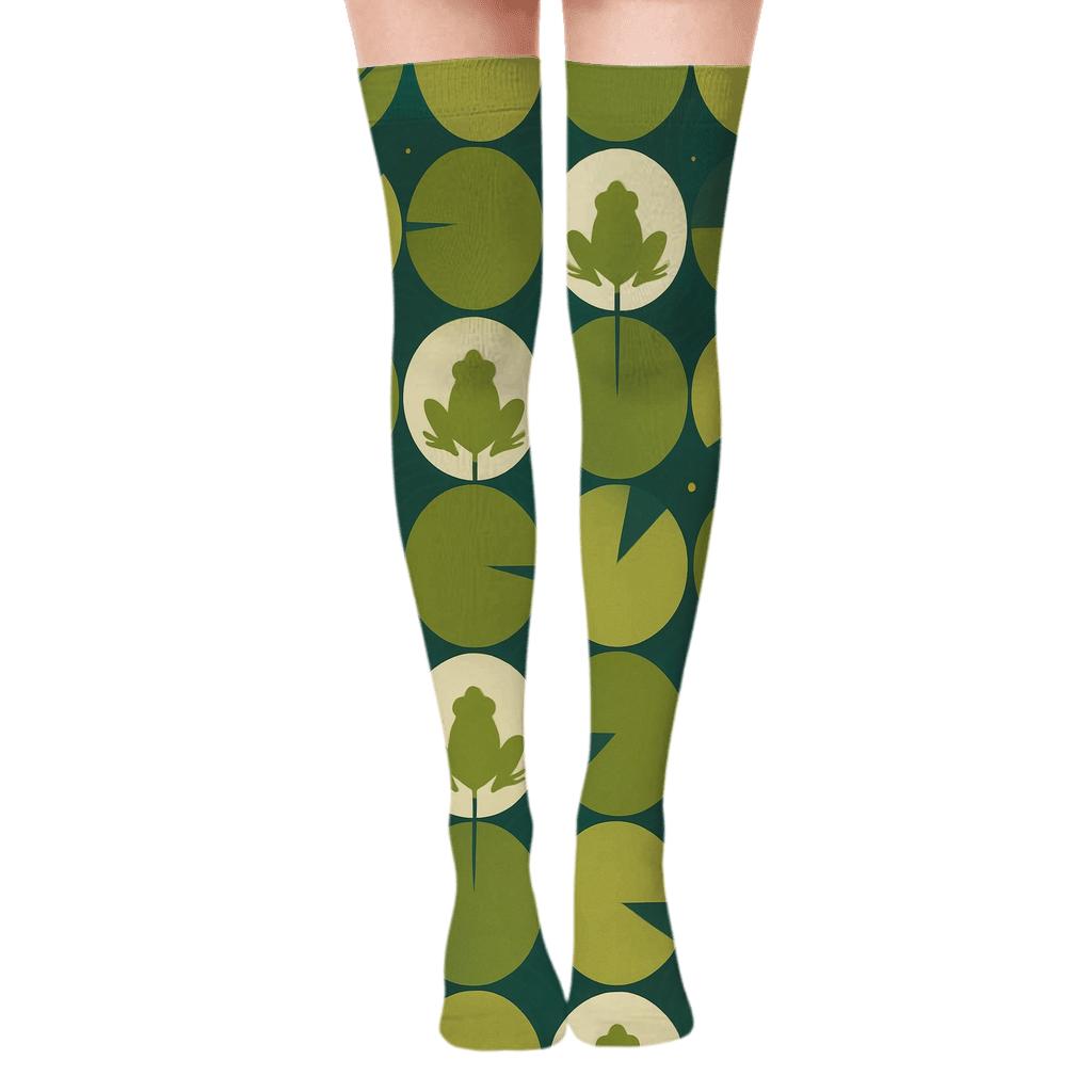 Lily Pad Lattice With Frog Silhouettes designer print over-the-knee socks