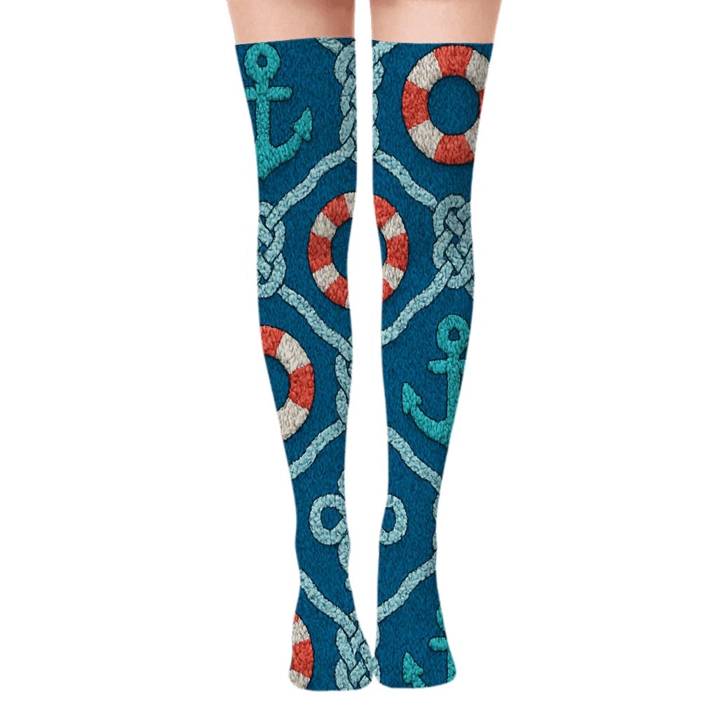 Knitted Sailor Anchor Lattice designer print over-the-knee socks