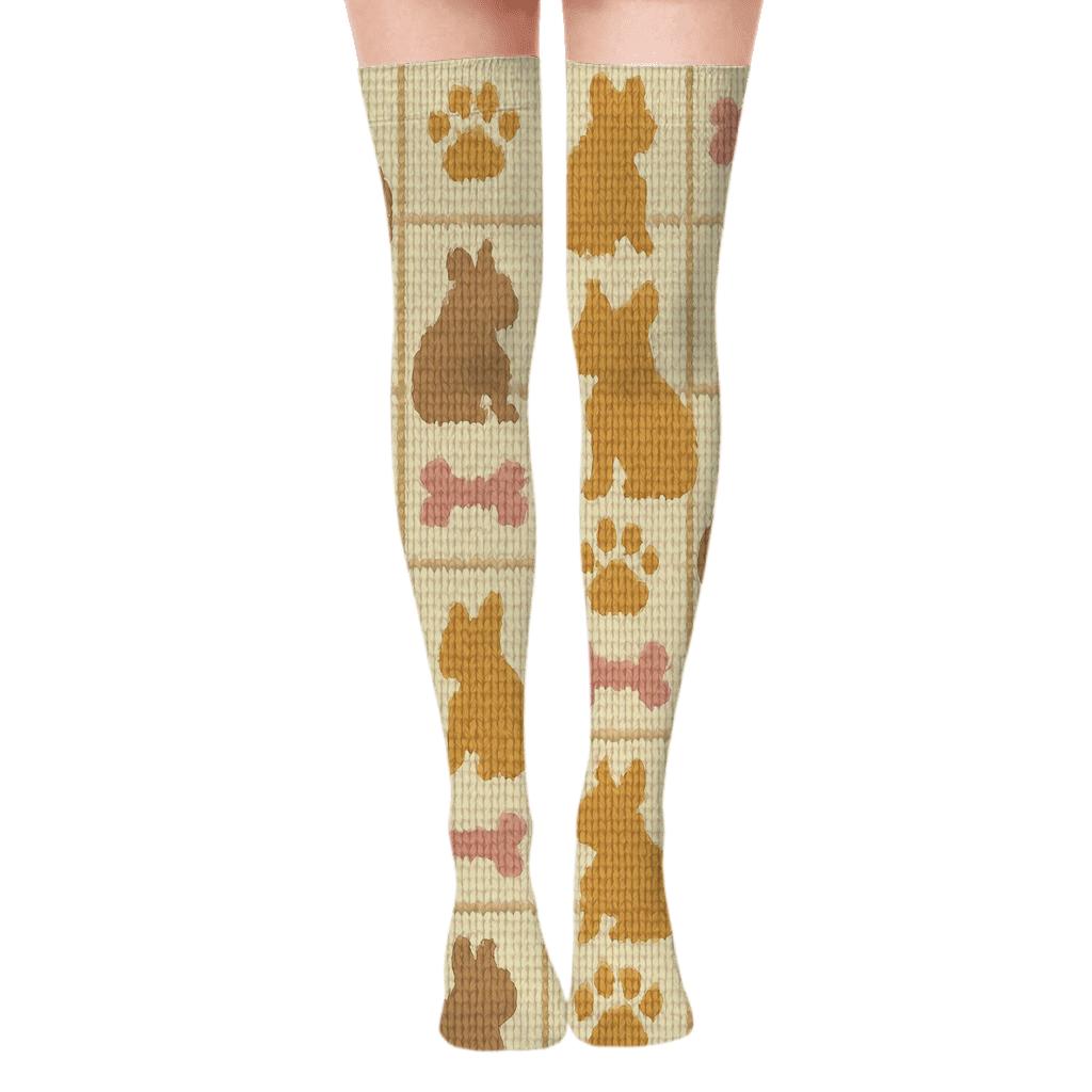 Knitted Brindle French Bulldog Cozy Quilt Repeat comfortable cotton over-the-knee socks