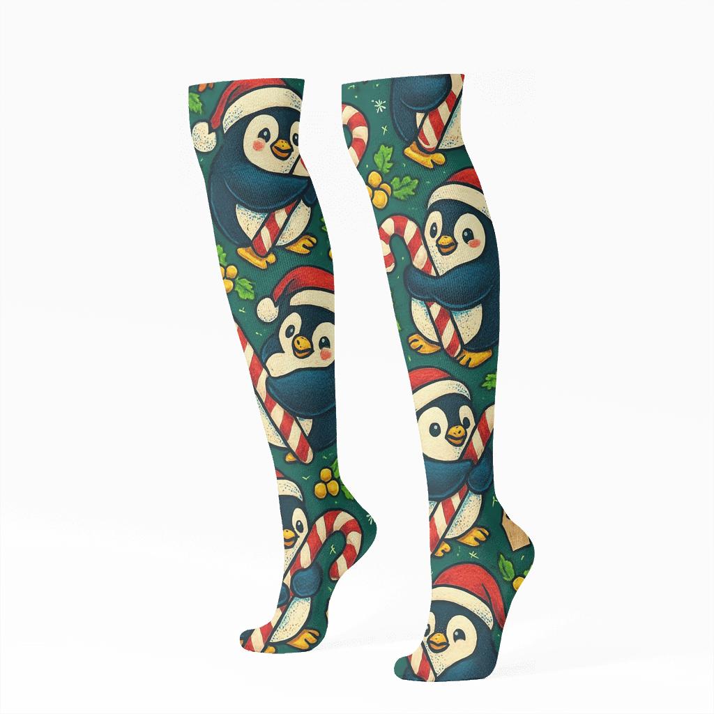 Candy Cane Penguin Tessellation On Midnight Green Background stylish athletic knee-high socks