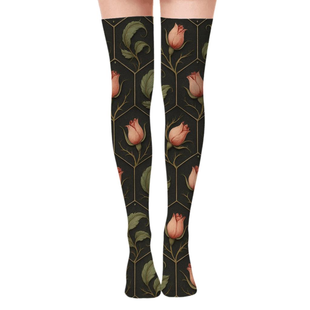Rosebud Lattice For Valentines Rose On Charcoal Ground comfortable cotton over-the-knee socks